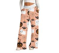 HUIFUAO Halloween Pajama Pants Women Pumpkin PJ With Ghost Bat Print Plus Size Elastic Waist and Pockets (A01-Beige, XXXL)