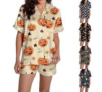 HUIFUAO Halloween Pajama Set Women Funny Ghost Pumpkin Sleepwear Bat Halloween Costumes 2 Piece Pjs Nightwear Short Sleeve Shirts and Shorts Loungewear Outfits (Z01-Orange, S)