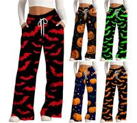 HUIFUAO Halloween Panties Woman Scary Ghost Pumpkin Halloween Costumes Bat Graphic Joggers Festival Sweatpants Elastic Waist Straight Leg Trousers Baggy Tracksuit Bottoms (Z21 Green, M)