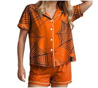 HUIFUAO Halloween Pjs for Women Funny Pumpkin Ghost Nightwear Scary Halloween Costumes Plus Size 2 Piece Pajamas Skeleton Sleepwear Short Sleeve Shirts and Shorts Loungewear (Orange, M)