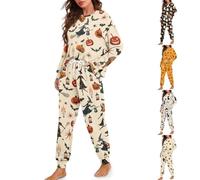 HUIFUAO Halloween Pyjamas Women Plus Size Pumpkin Ghost Sleepwear Black Cat Pjs Halloween Costumes Long Sleeve Tops and Trousers Pants Nightwear 2 Piece Loungewear (Z01-Beige, XL)