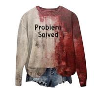 HUIFUAO Halloween Sweatshirts for Women - Scary Problem Solved Letter Print Tops for Women - Bloody Red Halloween Costumes (A01 Red #1, M)