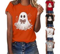 HUIFUAO Halloween Tshirts Women Funny Ghost Tops Cute Halloween Costumes Plus Size Short Sleeve Bat Floral Graphic T Shirts Crew Neck Pullover Blouse Festival Clothes (Z04-Grey, S)