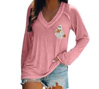 HUIFUAO Halloween Womens Costumes Oversized Witch T Shirts Scary Halloween Shirts V Neck Long Sleeve Tops Festival Clothes Outfits (Z04 Pink, XXXXL)