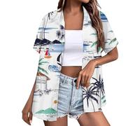 HUIFUAO Hawaiian Shirts Women Short Sleeve Tops Summer Holiday Beach Palm Tree Tropic Button Down Blouse Plus Size Floral Print Shirt (Z02-White, L)