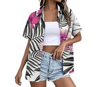 HUIFUAO Hawaiian Top Women Purple Tops Summer Holiday Beach Palm Tree Tropic Button Down Blouse Plus Size Floral Print Shirt (White, S)