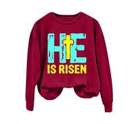 HUIFUAO He Is Risen Womens Easter Sweatshirt Easter Plus Size Shirts Long Sleeve Easter Cross Print Hoodie Ladies Easter Tops (Red, XXL)