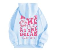 HUIFUAO Hoodies for Women Oversized Sweatshirt for Women Meet Me 1962 At The Ocean Surf City Print Womens Hoodies Pullover Tops (Light Blue, S)