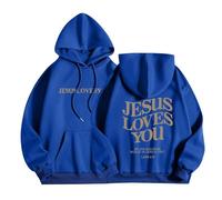 HUIFUAO Jesus Loves You Hoodies for Women UK Oversized Sweatshirts for Women Back Letter Print Pullover Hoodies for Teen Girls With Pocket (Blue, L)