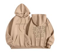 HUIFUAO Jesus Loves You Hoodies for Women UK Oversized Sweatshirts for Women Back Letter Print Pullover Hoodies for Teen Girls With Pocket (Khaki, XXL)