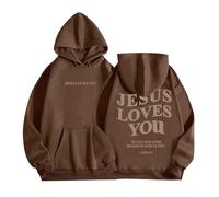 HUIFUAO Jesus Loves You Hoodies for Women UK Oversized Sweatshirts for Women Back Letter Print Pullover Hoodies for Teen Girls With Pocket (Brown, XS)