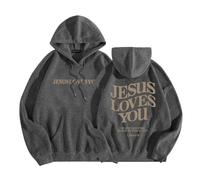 HUIFUAO Jesus Loves You Hoodies for Women UK Oversized Sweatshirts for Women Back Letter Print Pullover Hoodies for Teen Girls With Pocket (Dark Gray, S)