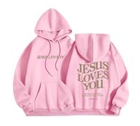 HUIFUAO Jesus Loves You Hoodies for Women UK Oversized Sweatshirts for Women Back Letter Print Pullover Hoodies for Teen Girls With Pocket (Pink, M)