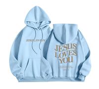HUIFUAO Jesus Loves You Hoodies for Women UK Oversized Sweatshirts for Women Back Letter Print Pullover Hoodies for Teen Girls With Pocket (Light Blue, XS)