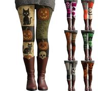 HUIFUAO Knit Halloween Leggings for Women UK Plus Size Ghost Pumpkin Yoga Pants Scary Halloween Costumes Funny Skeleton Black Cat Bottoms High Waist Tights Gym Sport Trousers (A02-Orange, L)