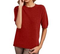 HUIFUAO Ladies Cashmere Jumpers Short Sleeve Plus Size Sweaters Summer Basic Elegant Tops T Shirt Black Crew Neck Knit Pullover (Red, XL)