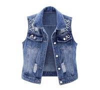 HUIFUAO Ladies Denim Jackets Plus Size Jean Jacket Distressed Shacket Sleeveless Trucker Waistcoat Vest Rhinestone Coat Trendy Boyfriend Motorcycle Streetwear Gilet (Z21 Dark Blue, L)