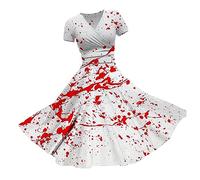 HUIFUAO Ladies Halloween Dress Scary Bloody Fancy Dress Plus Size Halloween Costumes V Neck Short Sleeve Evening Party Spooky Festival Cosplay Outfits Clothes (A01 White #2, XXL)