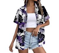 HUIFUAO Ladies Hawaiian Shirt Funny Tops Summer Holiday Beach Palm Tree Tropic Button Down Blouse Plus Size Floral Print Shirt (Purple, XXXL)
