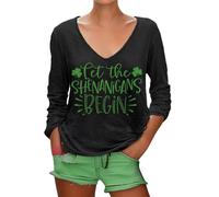 HUIFUAO Let The Shenanigans Begin St Patricks Day Shirt Plus Size Irish Green Clover Long Sleeve V Neck T Shirt St Patty Day Tops (Black, XXXXL)