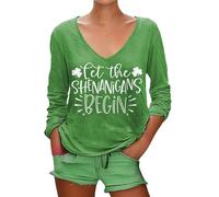 HUIFUAO Let The Shenanigans Begin St Patricks Day Shirt Plus Size Irish Green Clover Long Sleeve V Neck T Shirt St Patty Day Tops (Green, XXXXXL)