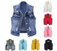 HUIFUAO Oversized Denim Jacket Women Fitted Sleeveless Jean Jacket Trendy Rhinestone Denim Waistcoat Shacket Vest Distressed Trucker Coat Gilet with Pocket (A02-Black, M)