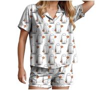 HUIFUAO Pajamas for Women Set Halloween Funny Ghost Pumpkin Nightwear Scary Halloween Costumes Plus Size 2 Piece Pjs Sleepwear Button Up Short Sleeve Shirts and Shorts Loungewear (White, M)
