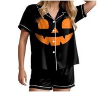 HUIFUAO Pajamas for Women Set Halloween Funny Ghost Pumpkin Nightwear Scary Halloween Costumes Plus Size 2 Piece Pjs Sleepwear Short Sleeve Shirts and Shorts Loungewear (Black #3, M)