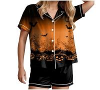 HUIFUAO Pajamas for Women Set Halloween Funny Pumpkin Ghost Nightwear Scary Halloween Costumes Plus Size 2 Piece Pjs Skeleton Sleepwear Short Sleeve Shirts and Shorts Loungewear (Black, M)