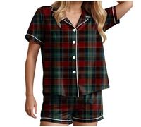 HUIFUAO Pajamas for Women Set Halloween Funny Pumpkin Nightwear Plus Size Halloween Costumes Plaid Pjs 2 Piece Checked Sleepwear Short Sleeve Shirts Tops and Shorts Loungewear (Green, M)