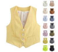 HUIFUAO Pink Blazer Woman Oversized V Neck Sleeveless Waistcoats Vest Dressy Work Office Suit Jackets Elegant Single Breasted Button Coats Outerwear (Yellow, M)