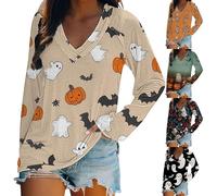 HUIFUAO Plus Size Halloween Costumes Woman Scary Witch T Shirts Scary Halloween Shirts V Neck Long Sleeve Tops Festival Clothes Outfits (Z05 Red, XXL)