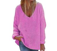 HUIFUAO Plus Size Sweaters for Women Oversized Crochet V Neck Knit Jumper Fall Pullover Basic Dressy Long Sleeve Tops Loose Sweatshirts (Hot Pink, M)