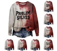 HUIFUAO Problem Solved Bloody Shirt Women Halloween Sweatshirt Scary Halloween Costumes Funny I'M Fine Bloody Tops Long Sleeve Pullover Horror Festival Outfits Clothes (Z01-Red #4, XXL)