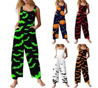 HUIFUAO Romper Halloween Costume Woman Funny Pumpkin Bib Overalls Plus Size Halloween Jumpsuits Scary Bat Print Dungarees Sleeveless Wide Leg Playsuits Festival Jumpsuits (Dark Blue, XL)