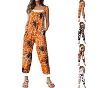 HUIFUAO Scary Halloween Costumes for Woman Funny Ghost Pumpkin Overalls Plus Size Halloween Jumpsuits Scary Bat Spider Print Dungarees Sleeveless Bib Rompers Wide Leg Playsuits (Orange, XL)