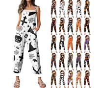 HUIFUAO Scary Halloween Costumes for Woman Funny Pumpkin Overalls Plus Size Halloween Jumpsuits Scary Spider Dungarees Sleeveless Wide Leg Playsuits Casual Festival Bib Rompers (Black, XL)
