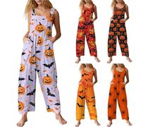 HUIFUAO Scary Halloween Costumes for Woman Plus Size Pumpkin Overalls Funny Halloween Jumpsuits Scary Bat Spider Print Dungarees Sleeveless Wide Leg Playsuits Bib Rompers (Purple, L)