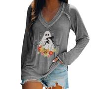 HUIFUAO Skeleton T Shirt Women Scary Ghost Pumpkin Tops Plus Size Halloween Costumes Cute Black Cat Shirts V Neck Long Sleeve Pullover Festival Clothing Outfits (Z03-Grey, XXXXL)