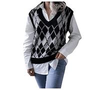 HUIFUAO Sleeveless Sweater Tops for Women Plus Size Knitted Waistcoats V Neck Sleeveless Argyle Jumpers Basic Lightweight Pullover Soft Tank Tops (Grey, M)