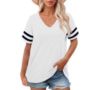 HUIFUAO T Shirts for Women UK Plus Size Tops V Neck Short Sleeve Blouse Summer Basic Striped Color Block Ladies Tunic (A01-White, XL)