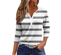 HUIFUAO T Shirts for Women V Neck 3/4 Sleeve T Shirts for Women Striped Color Block T Shirts for Women Loose Fit Summer Basic Tops (Z01 Grey, S)