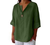 HUIFUAO Tops for Women UK Long Plus Size Tops Summer V Neck 3/4 Sleeve Linen T Shirt Basic Breathable Button Down Blouse Tunic Marketplace UK Clearance