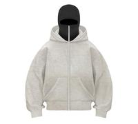 HUIFUAO Unisex Balaclava Hoodie for Women and Mens Zip Up Plus Size Ninja Hoodies with Face Mask Winter Fleece Warm Double Hooded Windproof Jackets Long Sleeve Coats Sports Outerwear (Z03-Grey, S)