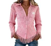 HUIFUAO Western Shirts for Women Vintage Fringe Tops Button Down Long Sleeve Tassel Blouse Suede Cowgirl Outfits 70s Hippie Clothing Casual Trendy Festival Party Costumes (Z02-Pink, XXL)