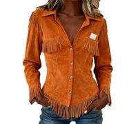 HUIFUAO Western Shirts for Women Vintage Fringe Tops Button Down Long Sleeve Tassel Blouse Suede Cowgirl Outfits 70s Hippie Clothing Casual Trendy Festival Party Costumes (Z01-Orange, S)