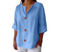 HUIFUAO White Linen Shirt Women Three Quarter Sleeves Tops Summer V Neck T Shirt Basic Loose Button Down Blouse Tunic Lightning Deals Today