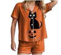 HUIFUAO Woman Halloween Pajamas Funny Ghost Pumpkin Nightwear Scary Halloween Costumes Plus Size 2 Piece Pjs Black Cat Print Sleepwear Short Sleeve Shirts and Shorts Loungewear (Orange, M)