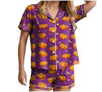 HUIFUAO Woman Halloween Pajamas Funny Ghost Pumpkin Nightwear Scary Halloween Costumes Plus Size 2 Piece Pjs Sleepwear Button Up Short Sleeve Shirts and Shorts Loungewear (Purple, M)
