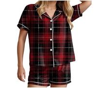 HUIFUAO Woman Halloween Pajamas Funny Pumpkin Nightwear Plus Size Halloween Costumes Plaid Pjs 2 Piece Checked Sleepwear Short Sleeve Shirts Tops and Shorts Loungewear (Red, M)